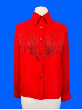 Vintage 1980s Red Western Fringe Shirt Carla Cowgirl Rodeo Blouse Size 10